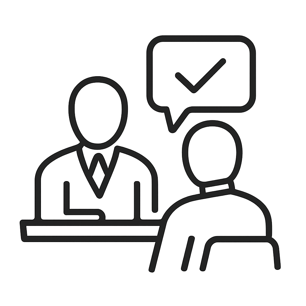 Two people graphic with a checkbox in the background.